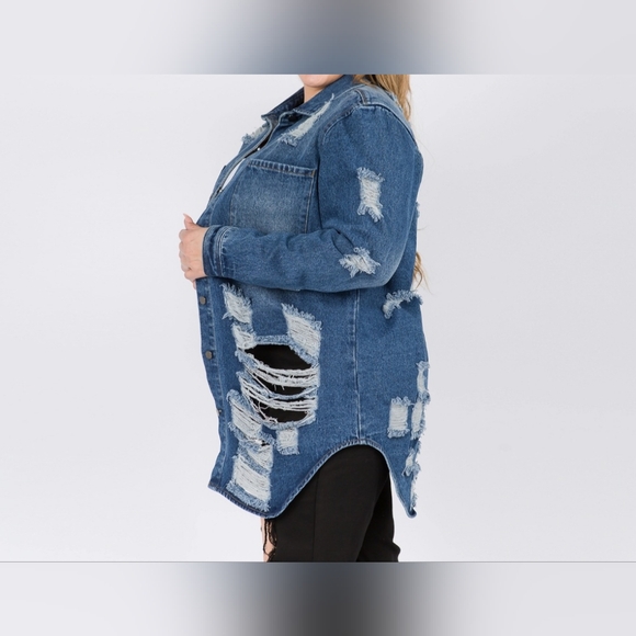 #169 FINAL PRICE 🛑M NEW! Long Length DISTRESSED DENIM JACKET TOP - Picture 6 of 7